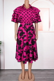 Casual Print Buckle With Belt Turndown Collar A Line Plus Size Dresses
