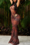 Sexy Print O Neck Sleeveless Two Pieces