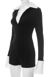 Casual Zipper Contrast Turndown Collar Skinny Rompers
