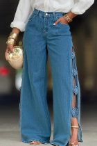 Casual Solid Color Hollow Out Flower Shape Mid Waist Loose Denim Jeans
