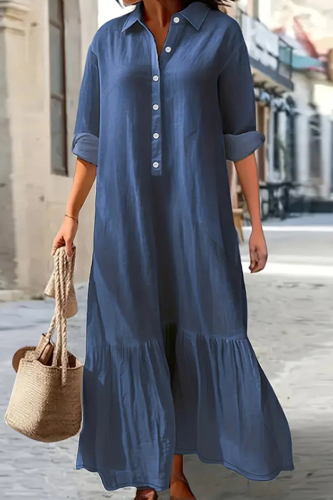 Casual Solid Color Buckle Turndown Collar Denim Plus Size Dresses