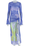 Elegant Print Slit O Neck Long Dresses