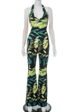 Sexy Print Backless Halter Regular Jumpsuits