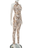 Sexy Print Patchwork Halter Skinny Jumpsuits