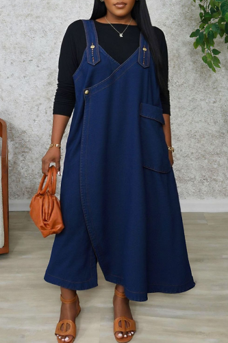 Casual Solid Color Pocket Spaghetti Strap Sleeveless Loose Denim Jumpsuits