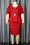 Elegant Solid Color With Belt O Neck Wrapped Skirt Dresses