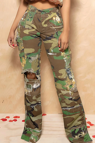 Casual Camouflage Print Ripped Straight Mid Waist Conventional Full Print Bottoms