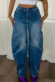 Casual Solid Color Pocket Zipper Mid Waist Loose Denim Jeans