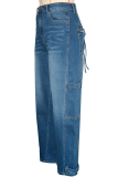 Casual Solid Color Pocket Zipper Mid Waist Loose Denim Jeans