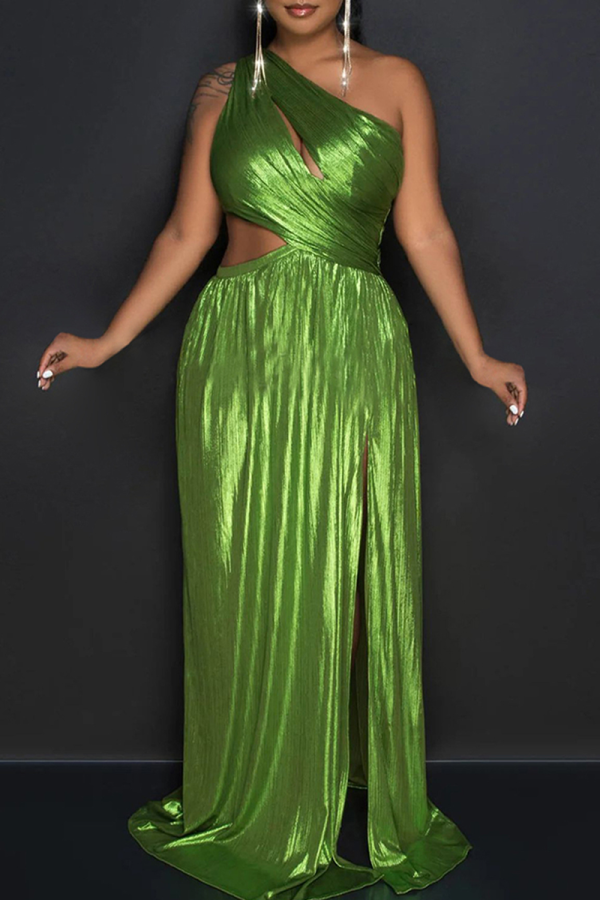 Sexy Solid Color Hollow Out Slit Oblique Collar Long Dresses