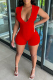 Fashion Casual Solid Basic V Neck Short Sleeve Skinny Romper