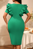 Elegant Solid Color Beading Flounce V Neck Wrapped Skirt Dresses