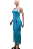 Casual Solid Color Fringed Trim Strap Design Spaghetti Strap Irregular Dresses