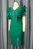 Elegant Solid Color Beading Flounce V Neck Wrapped Skirt Dresses