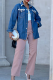 Casual Solid Color Buckle Turndown Collar Long Sleeve Regular Denim Jacket