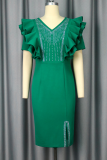 Elegant Solid Color Beading Flounce V Neck Wrapped Skirt Dresses