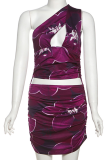 Sexy Print Hollow Out Oblique Collar Sleeveless Two Pieces