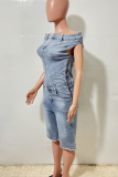 Casual Solid Color Pocket Off Shoulder Sleeveless Bodycon Denim Jumpsuits