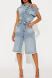 Casual Solid Color Pocket Off Shoulder Sleeveless Bodycon Denim Jumpsuits