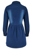 Casual Solid Color Buckle Turndown Collar Long Sleeve Boot Cut Denim Dresses