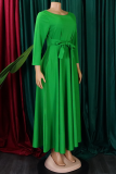 Casual Solid Color Pocket Strap Design O Neck Irregular Dresses