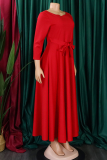 Casual Solid Color Pocket Strap Design O Neck Irregular Dresses