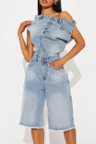 Casual Solid Color Pocket Off Shoulder Sleeveless Bodycon Denim Jumpsuits