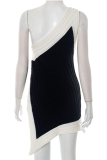 Sexy Irregular Contrast Oblique Collar Wrapped Skirt Dresses