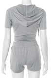 Casual Solid Color Zipper Hooded Short Sleeve Two Pieces