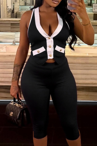 Sexy Solid Color Buttons Backless Halter Sleeveless Two Pieces