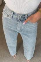 Casual Solid Color Hot Drill Loose Mid Waist Conventional Patchwork Bottoms