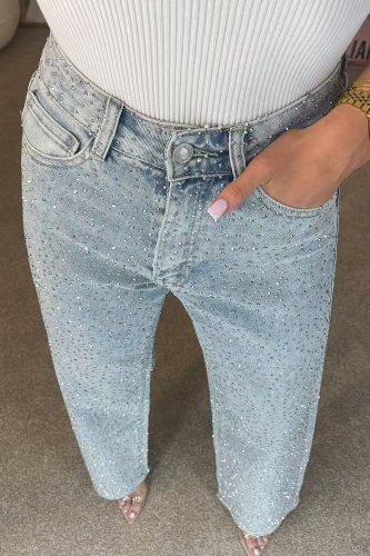 Casual Solid Color Hot Drill Loose Mid Waist Conventional Patchwork Bottoms
