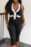 Sexy Solid Color Buttons Backless Halter Sleeveless Two Pieces