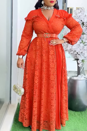 Elegant Solid Color Lace With Belt V Neck Long Plus Size Dresses