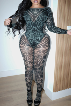 Sexy Print O Neck Long Sleeve Two Pieces