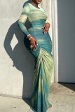 Elegant Gradient Ruched O Neck Long Dresses