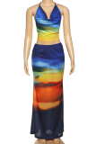 Sexy Gradient Backless Halter Sleeveless Two Pieces