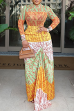 Elegant Print Ruched O Neck Long Dresses