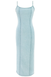 Sexy Solid Color Slit Zipper Spaghetti Strap Denim Dresses