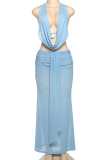 Sexy Solid Color Backless Halter Sleeveless Two Pieces