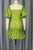 Elegant Solid Color Sequins Flounce Asymmetrical Collar Wrapped Skirt Dresses