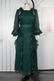 Elegant Solid Color With Belt Flounce Flower Shape O Neck Long Plus Size Dresses