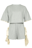 Casual Solid Color Strap Design O Neck Half Sleeve Two Pieces