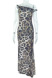 Elegant Leopard Print Patchwork Oblique Collar Long Dresses