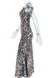 Elegant Leopard Print Patchwork Oblique Collar Long Dresses