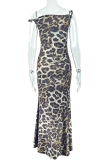 Elegant Leopard Print Patchwork Oblique Collar Long Dresses
