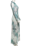 Sexy Print Ruched Deep V Neck Long Sleeve Two Pieces