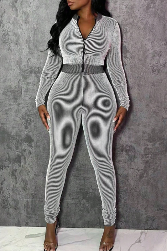 Casual Solid Color Zipper Zipper Collar Long Sleeve Two Pieces