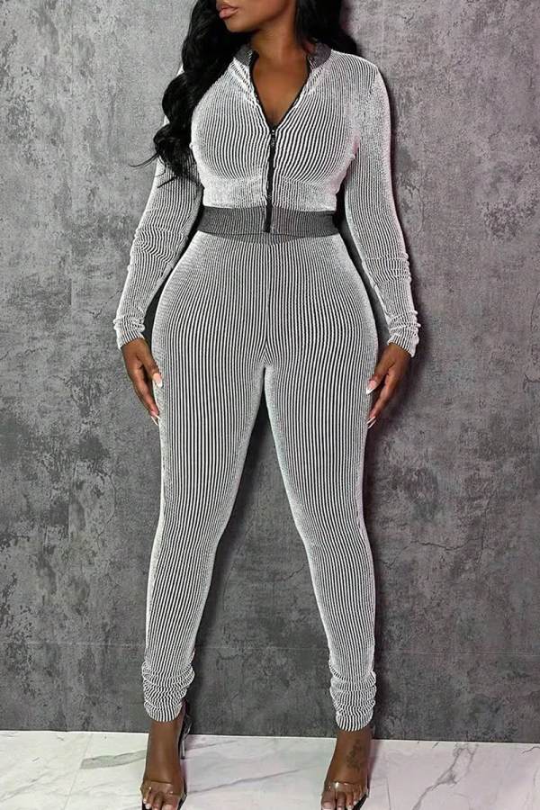 Casual Solid Color Zipper Zipper Collar Long Sleeve Two Pieces