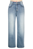 Casual Solid Color Hot Drill Mid Waist Straight Denim Jeans